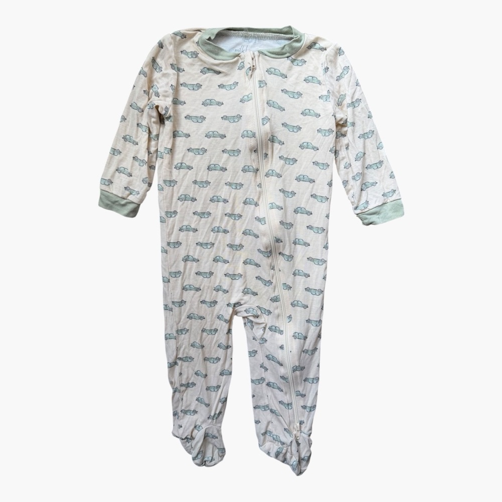 Milkberry Bamboo Zip Footie 6-9M Green Car Print Sleeper